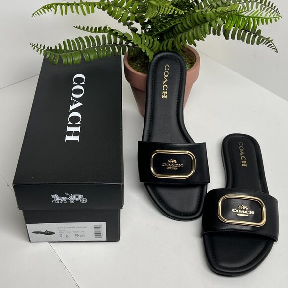 Coach Evy Black Leather Slide Sandals Gold Logo Plaque Women’s 9B Slip with Box - Picture 1 of 13